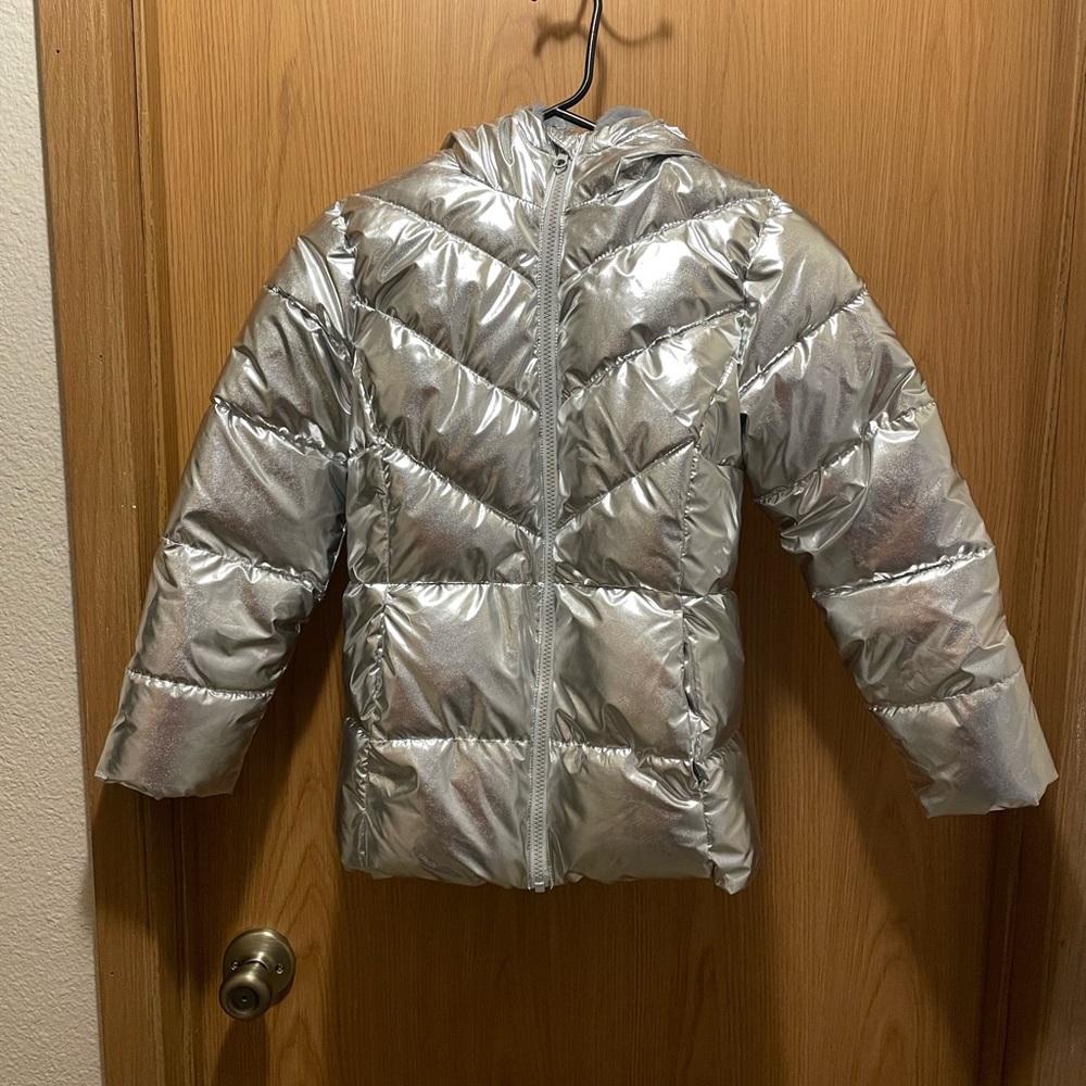 Wonder Nation Girls M 7/8 Silver Metallic Quilted Puffer Jacket Fleece Lined